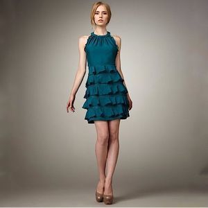 NWOT Rebecca Taylor Teal Green Lace Tiered Ruffle Halter Mini Dress